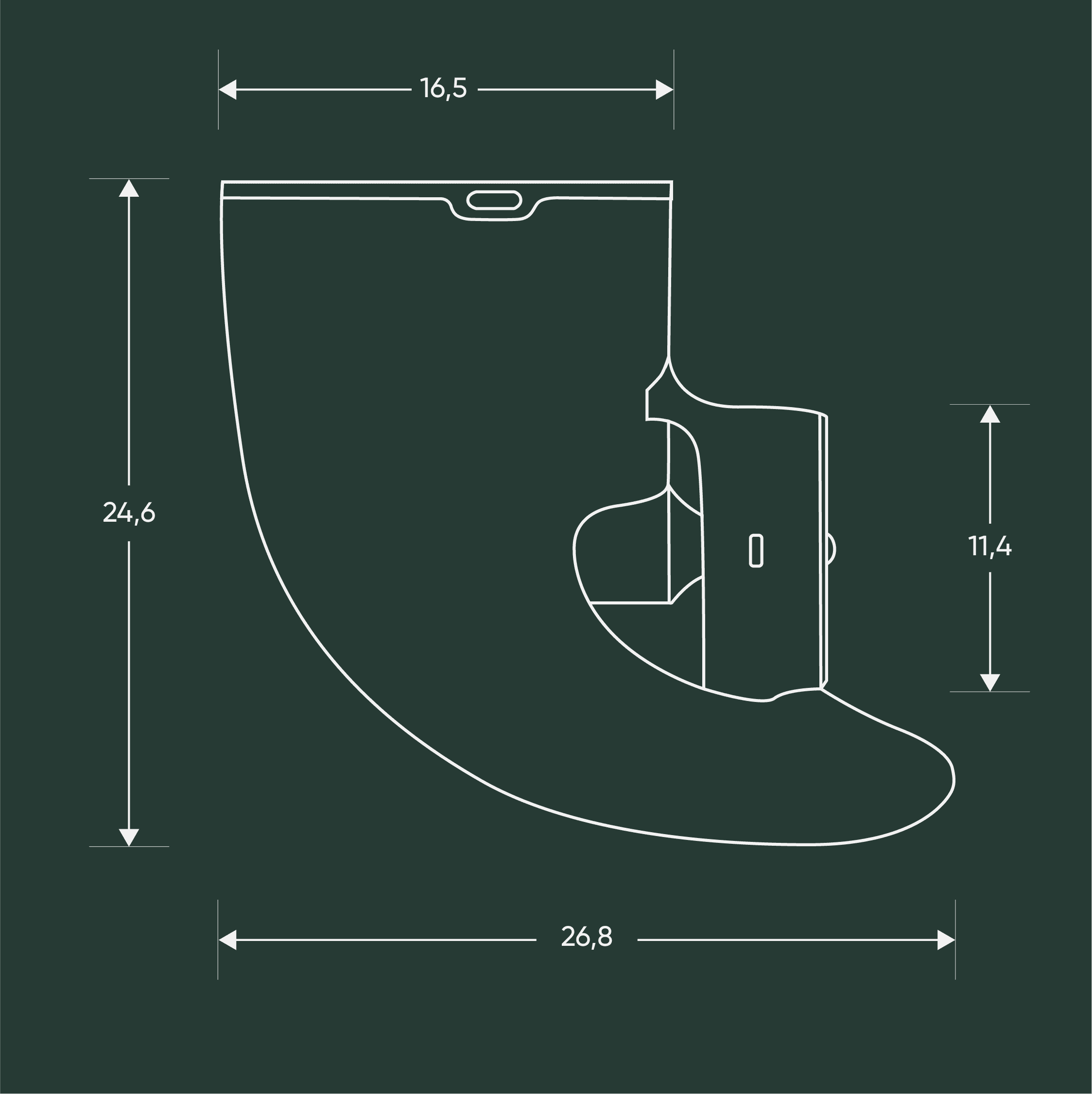 A technical drawing with the dimensions of the fin 2.0: top length: 16.5 cm, height: 24.6 cm, bottom length: 26.8 cm, height of the drive: 11.4 cm